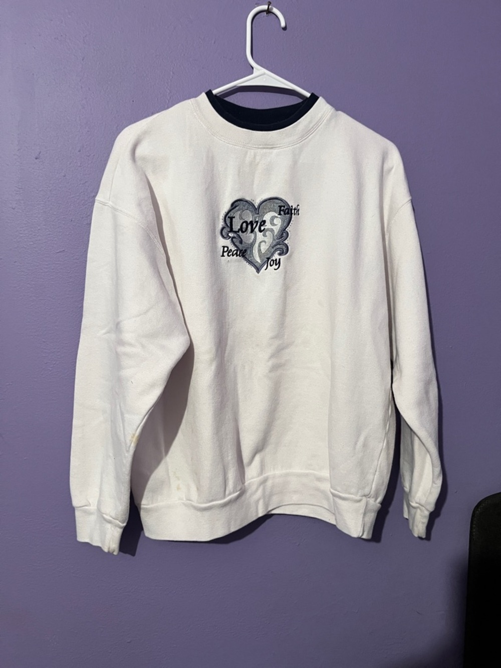 Classic White Crewneck Sweater with Embroidered Heart